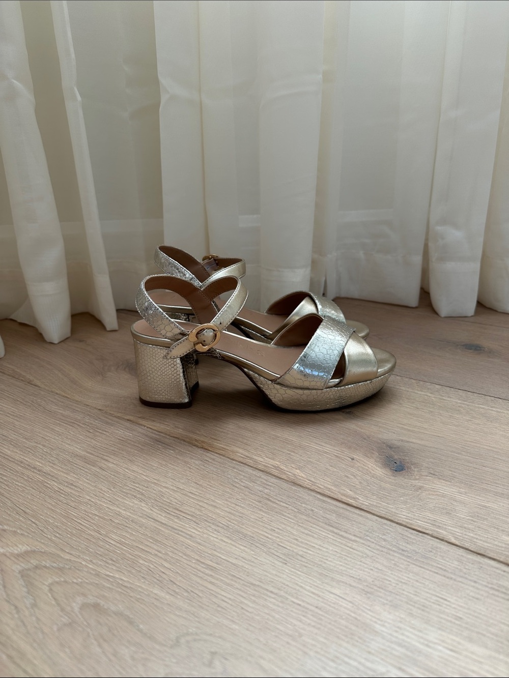 Aeropostale Metallic Gold Crisscross Block Heel Sandals